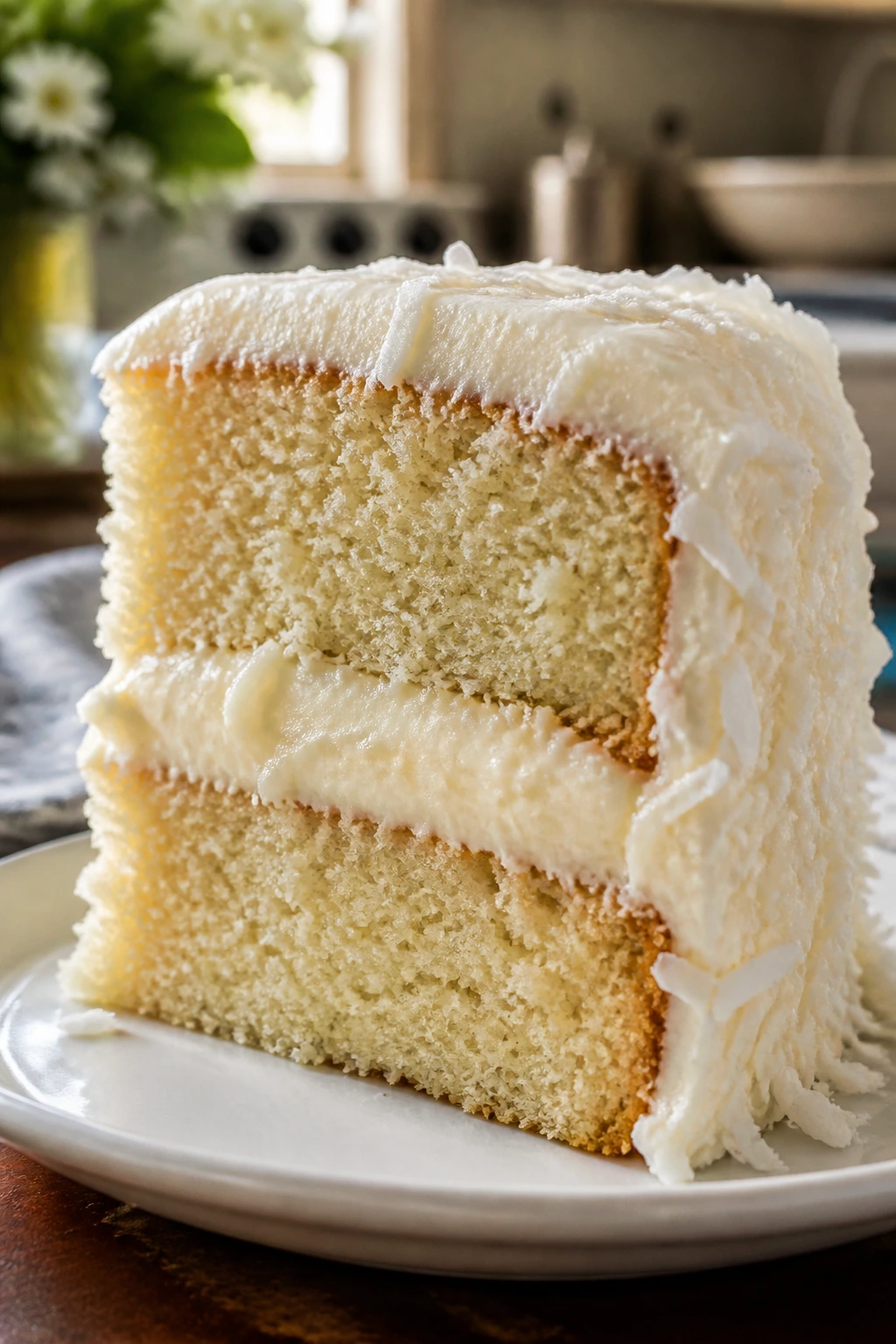 Coconut buttermilk layer cake wedge with cream cheese filling and coconut flakes