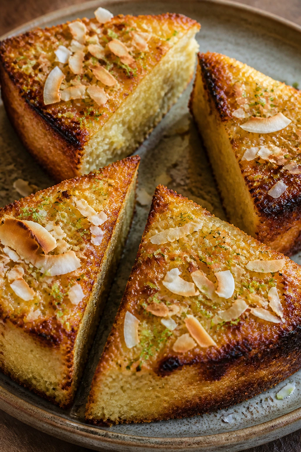 Grilled coconut-lime cake slices on a rustic plate