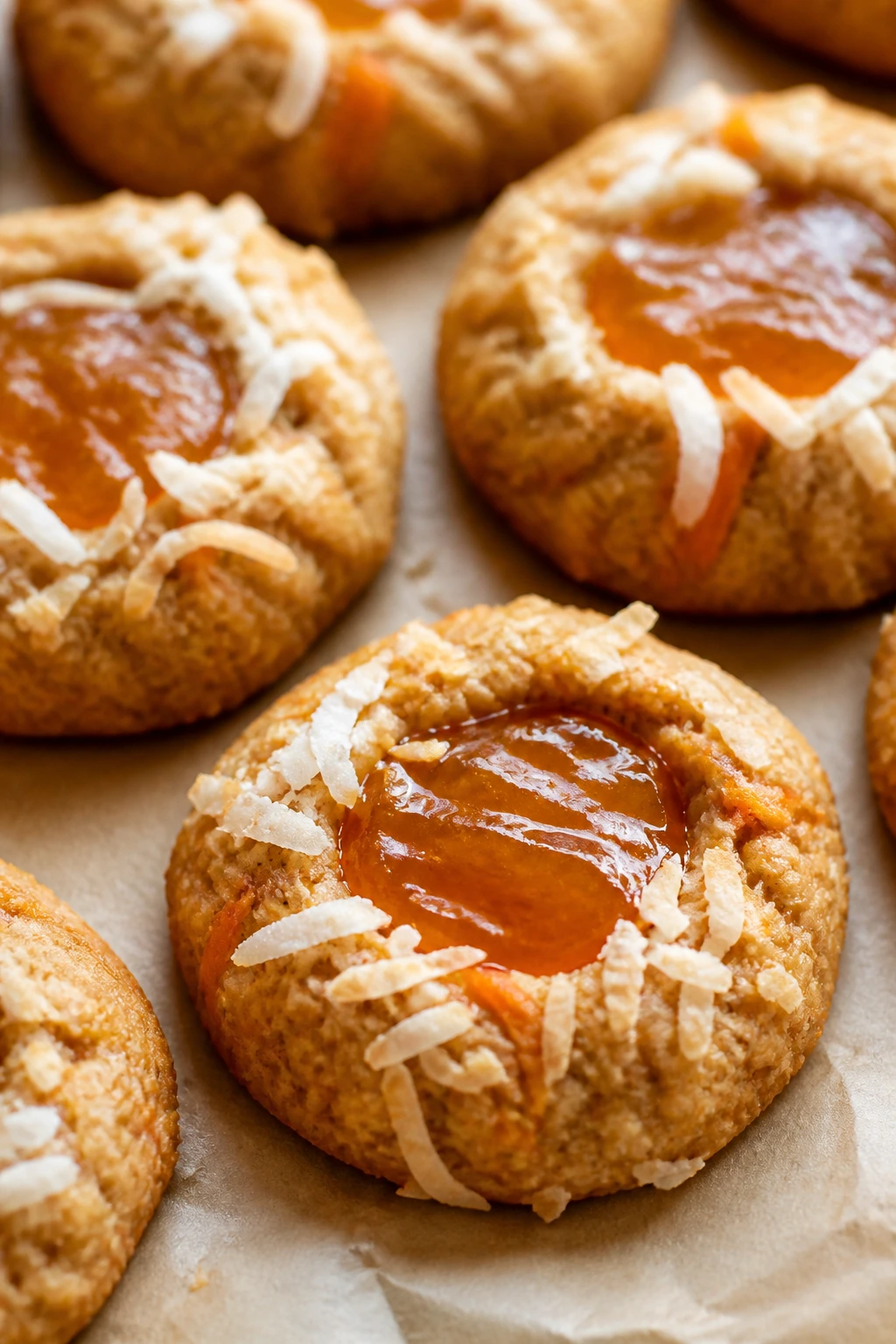 Close-up of Coconut Carrot Cake Thumbprints with jam centers