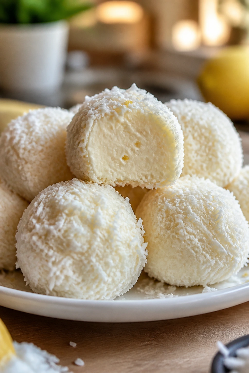 Close-up of coconut cheesecake bites coated in shredded coconut on a plate