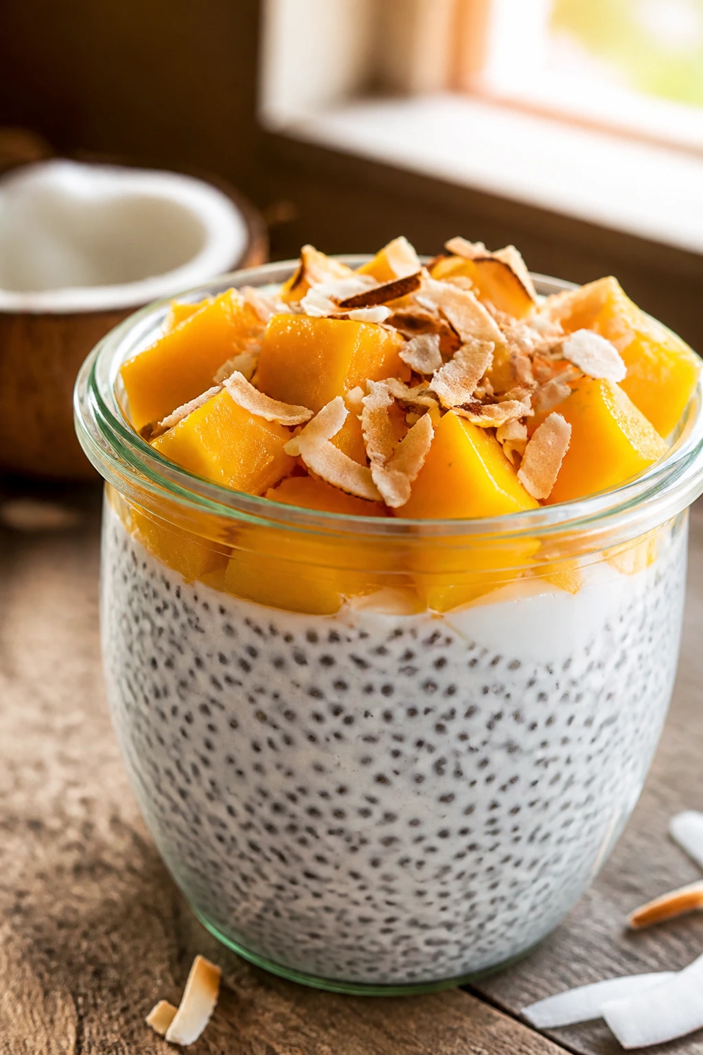 Close-up of Coconut Protein Chia Pudding in a jar with mango topping