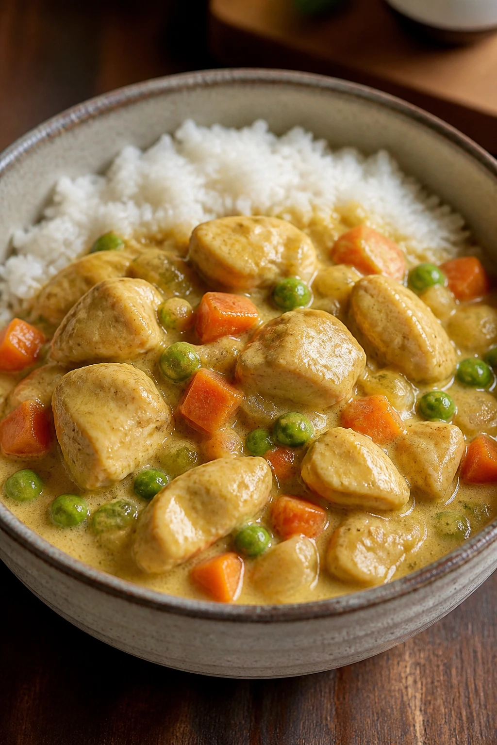 Close-up of mild coconut chicken curry in a bowl with carrots and peas