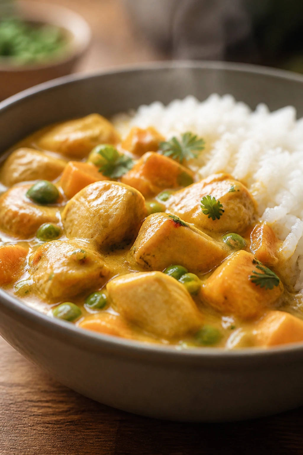 Close-up of Coconut Chicken Curry with Rice in a bowl.