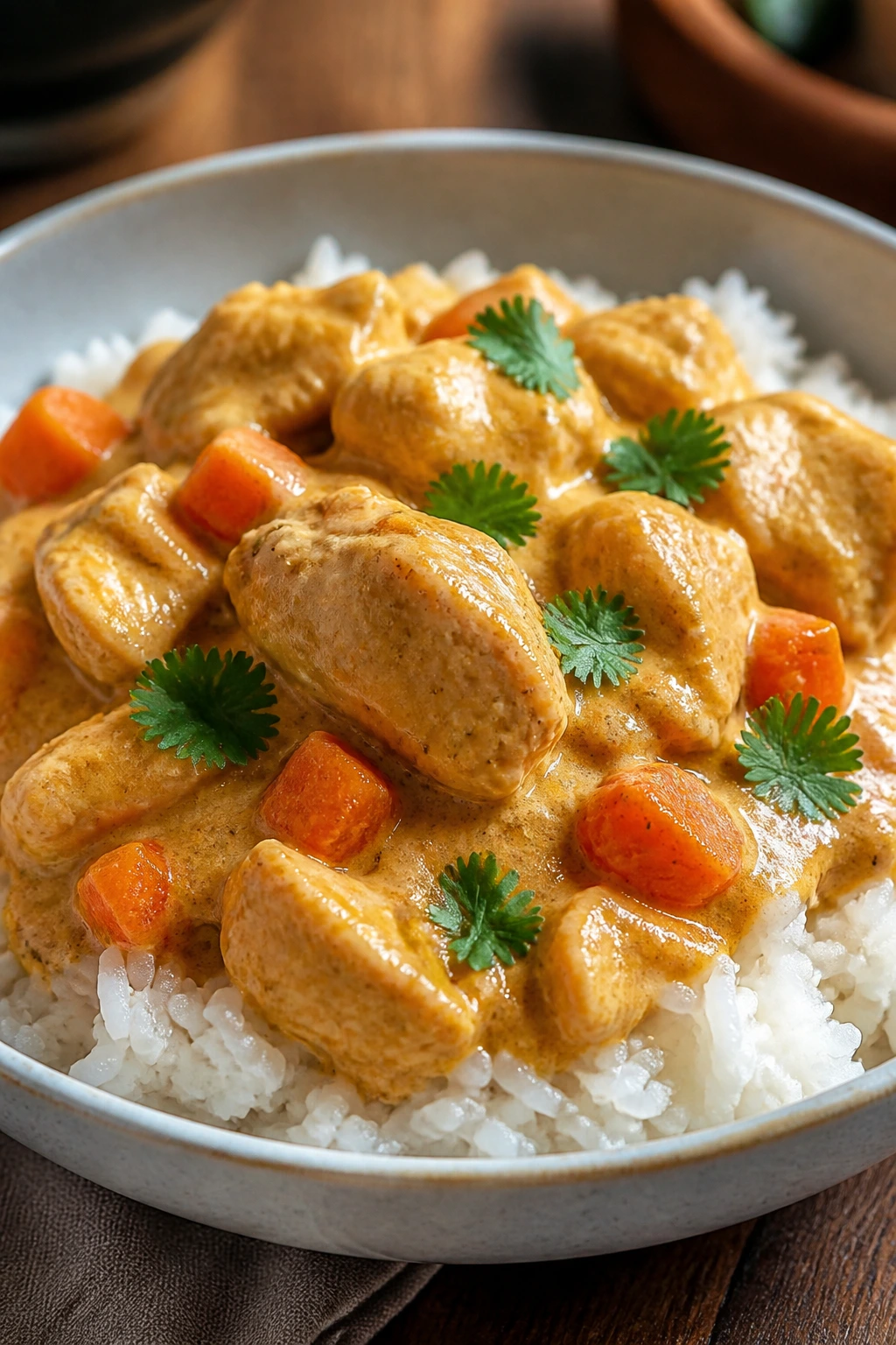 Bowl of mild coconut chicken curry over rice.