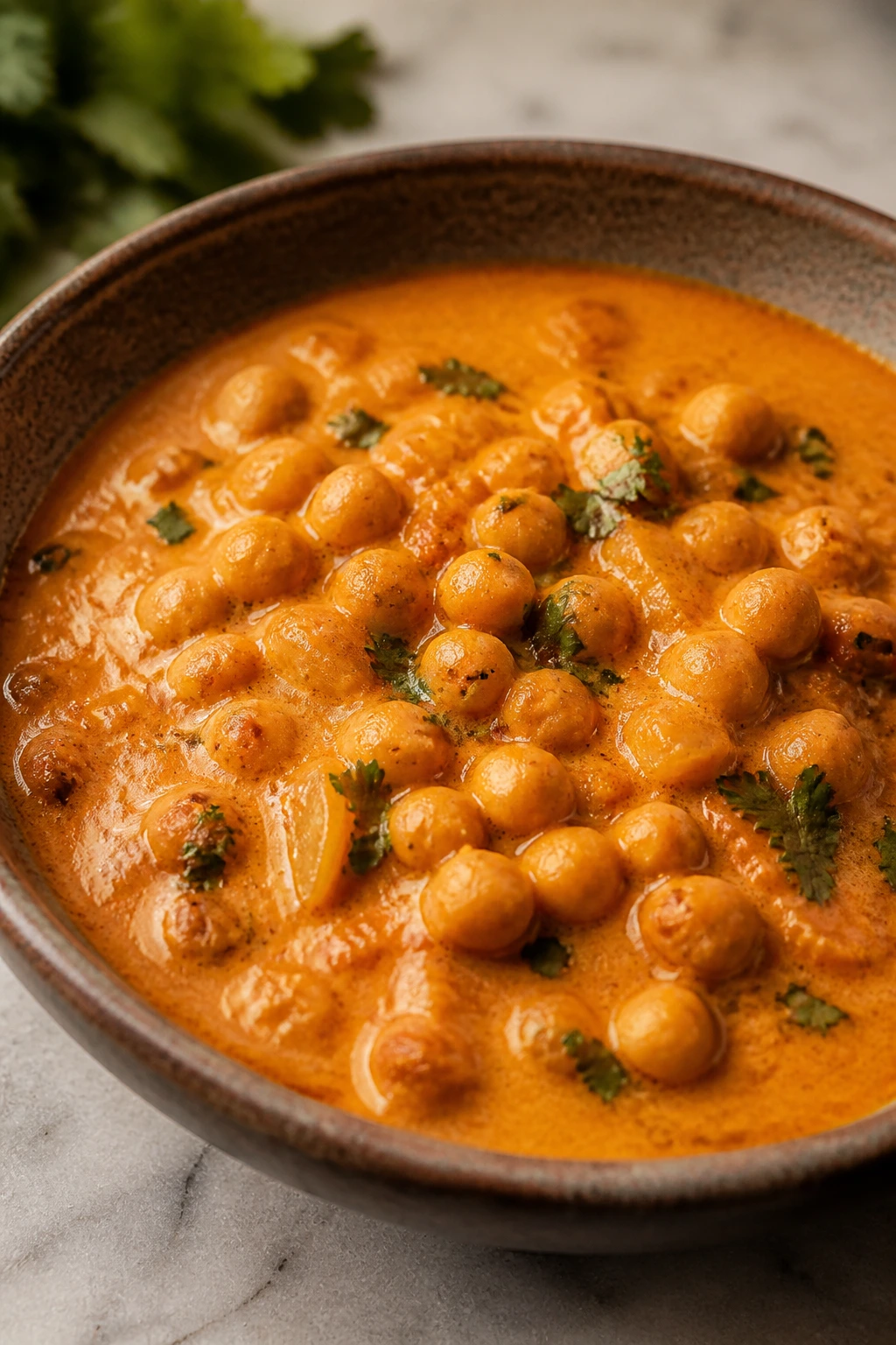 Chickpea curry in a bowl with coconut milk and tomatoes