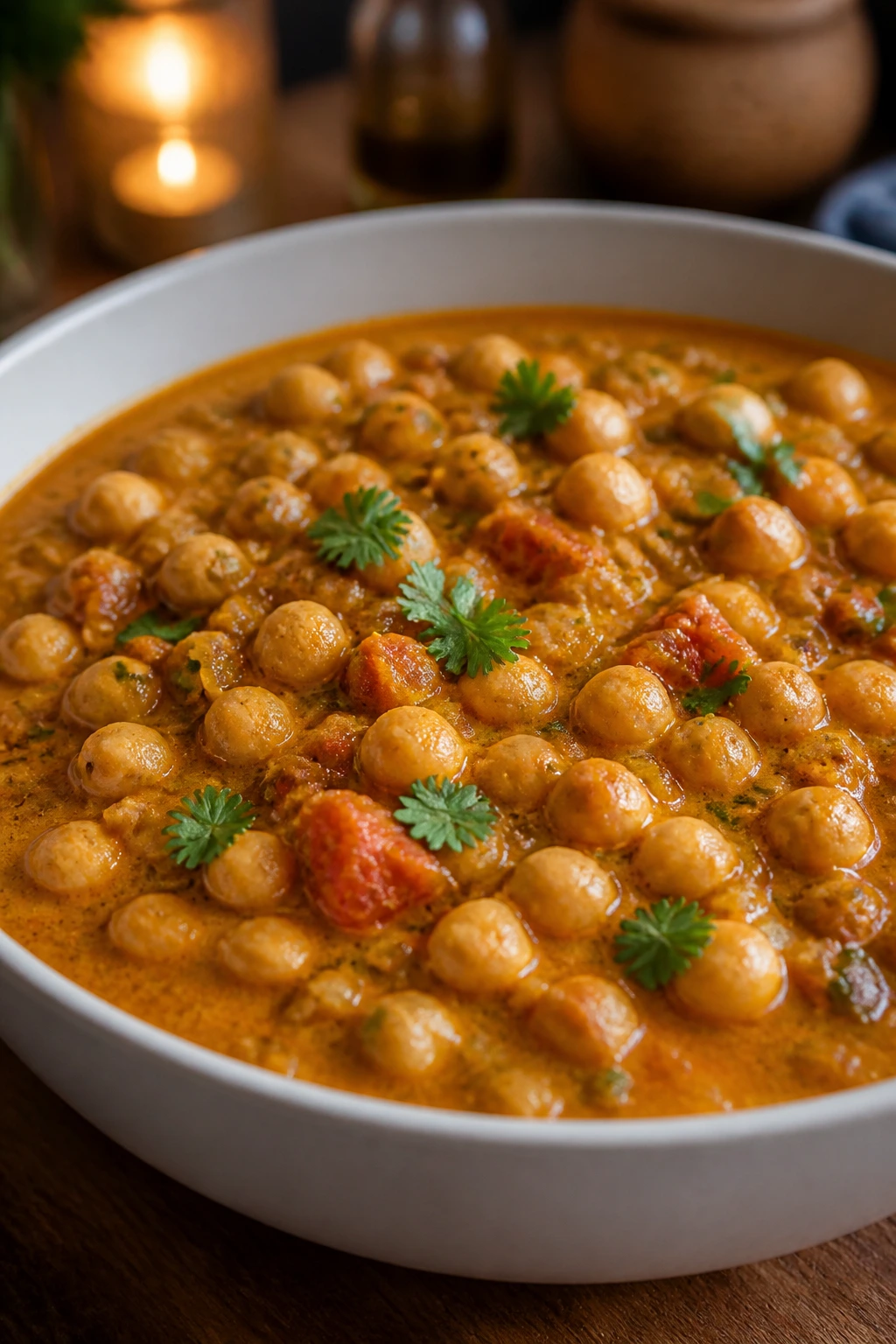 Close-up of Coconut Chickpea Curry in a white bowl, creamy texture