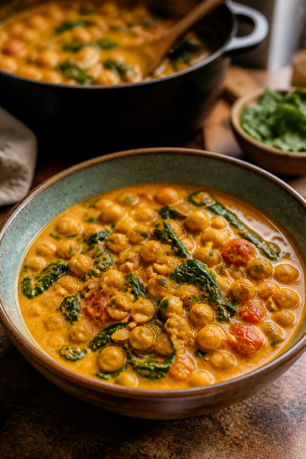 Bowl of coconut chickpea curry with spinach and chickpeas.