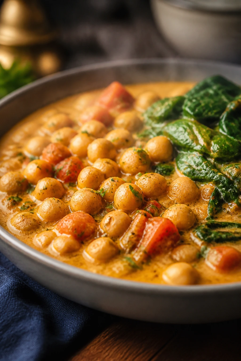 Bright chickpea coconut curry in a bowl with spinach