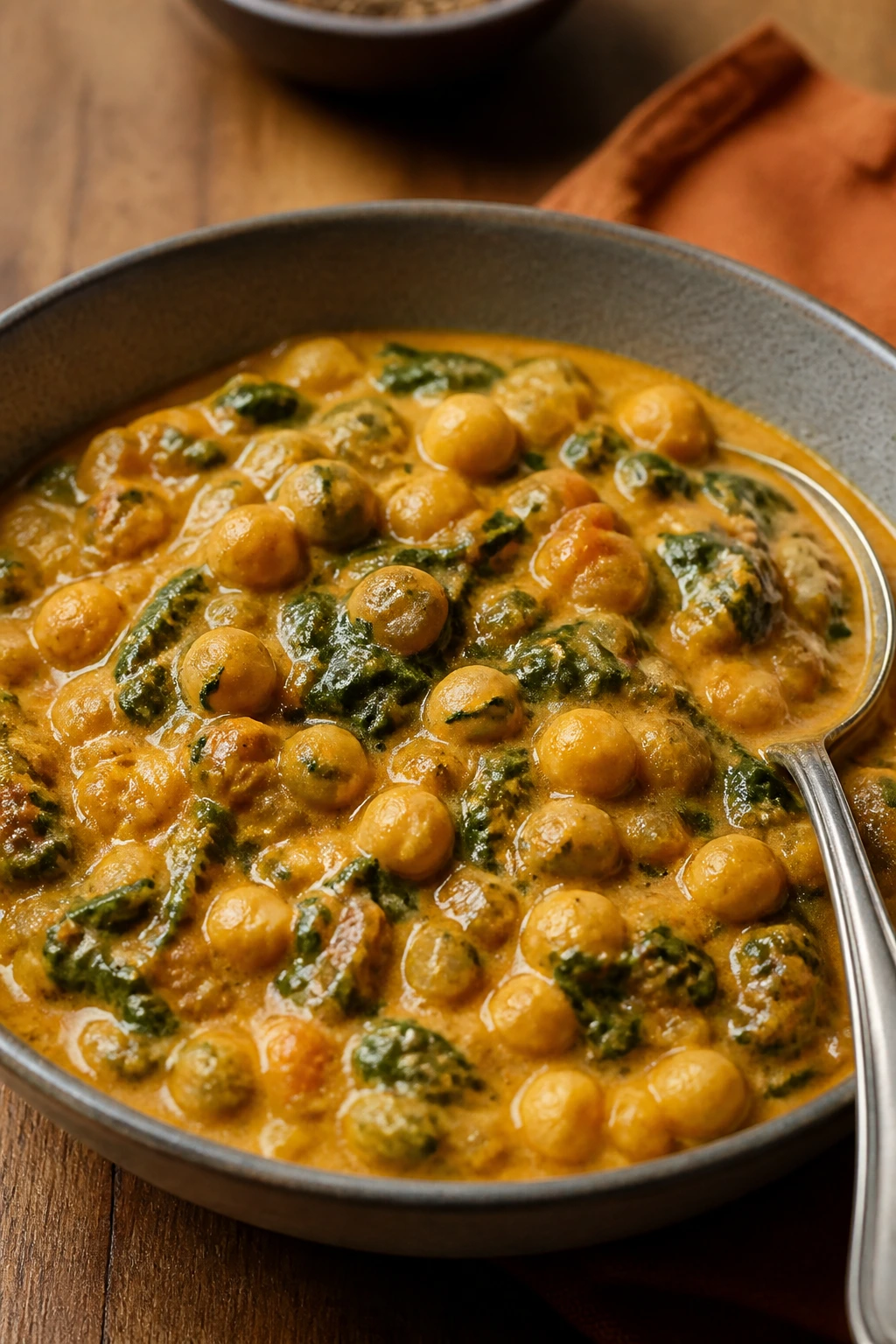 Coconut curry with chickpeas and spinach in a deep bowl