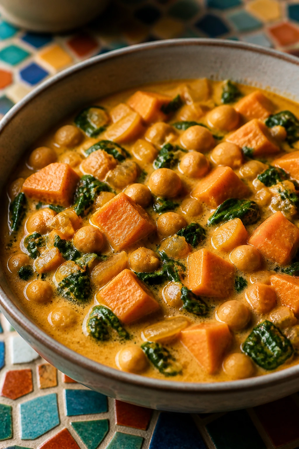 Close-up of coconut chickpea curry with sweet potato and spinach