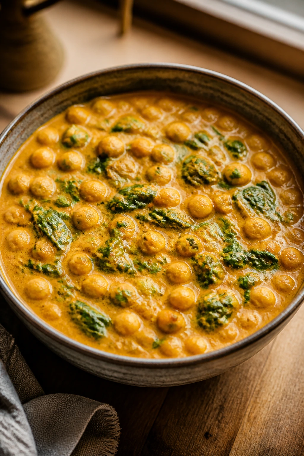 Creamy coconut chickpea curry with spinach in a bowl
