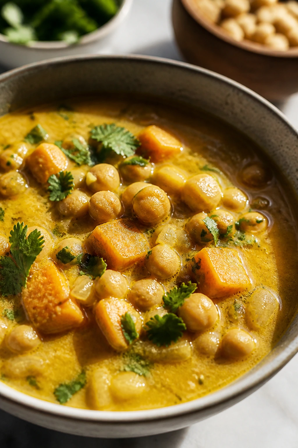 Close-up of Coconut Chickpea Curry Soup in a bowl with chickpeas and sweet potato
