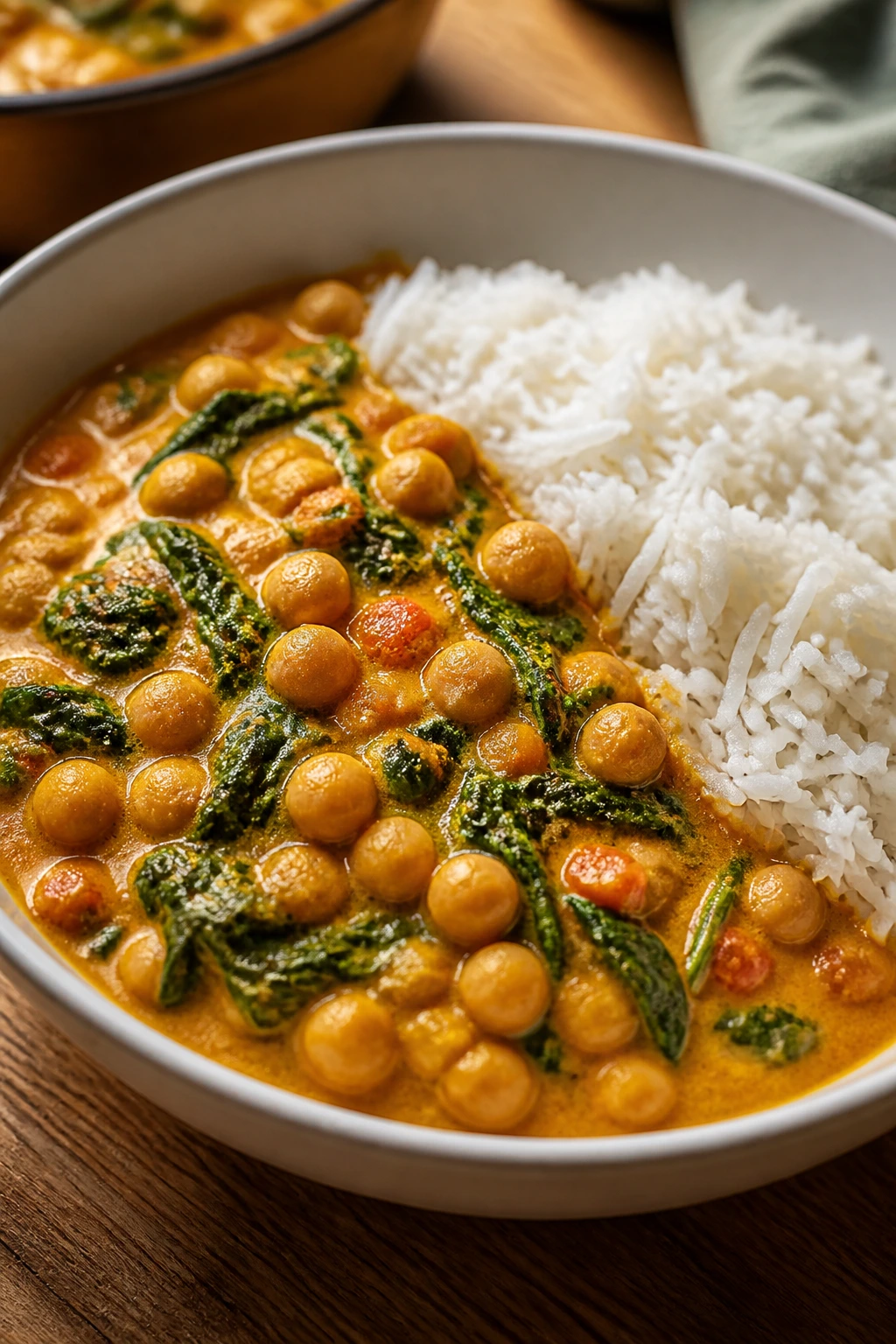 Close-up of coconut chickpea curry with basmati rice.