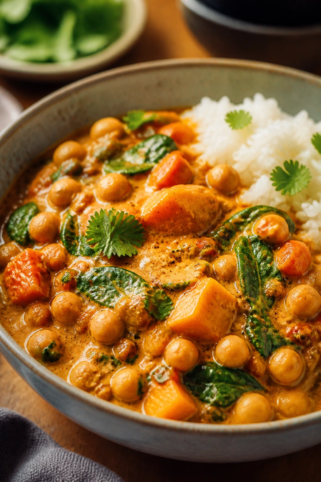 Close-up of coconut chickpea curry with spinach and sweet potato