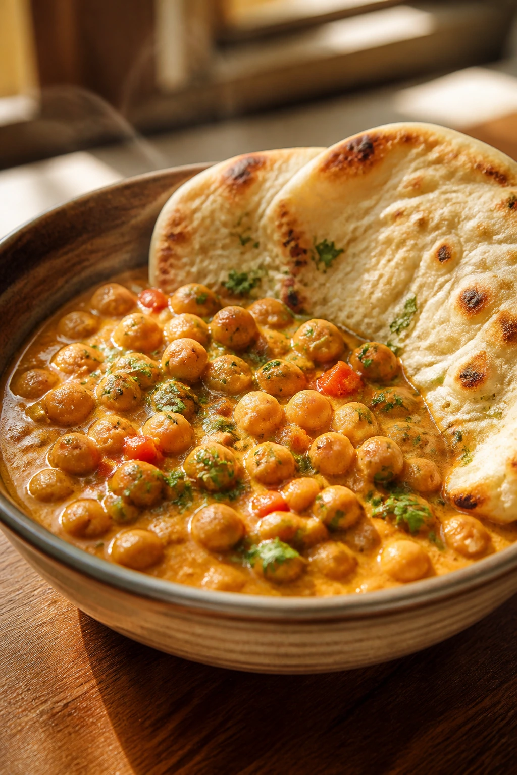 Creamy coconut chickpea curry in a bowl with naan on a wooden table