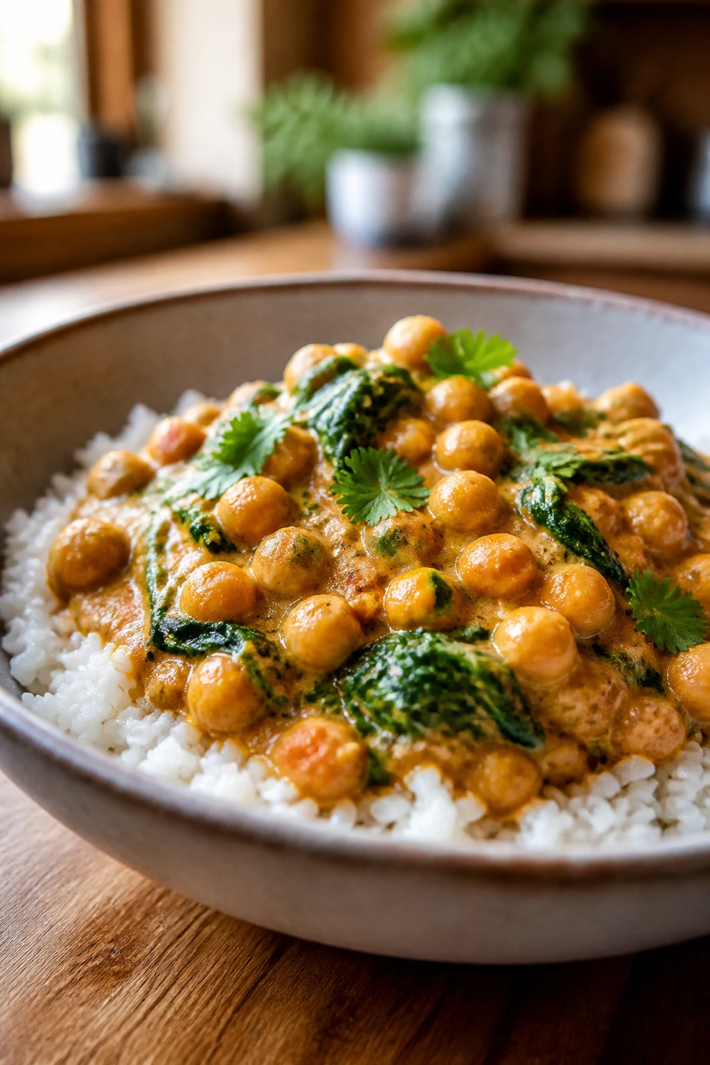 Close-up of coconut chickpea curry with rice in a bowl