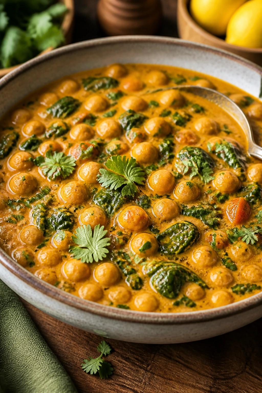 Close-up of coconut chickpea curry in a bowl with spinach