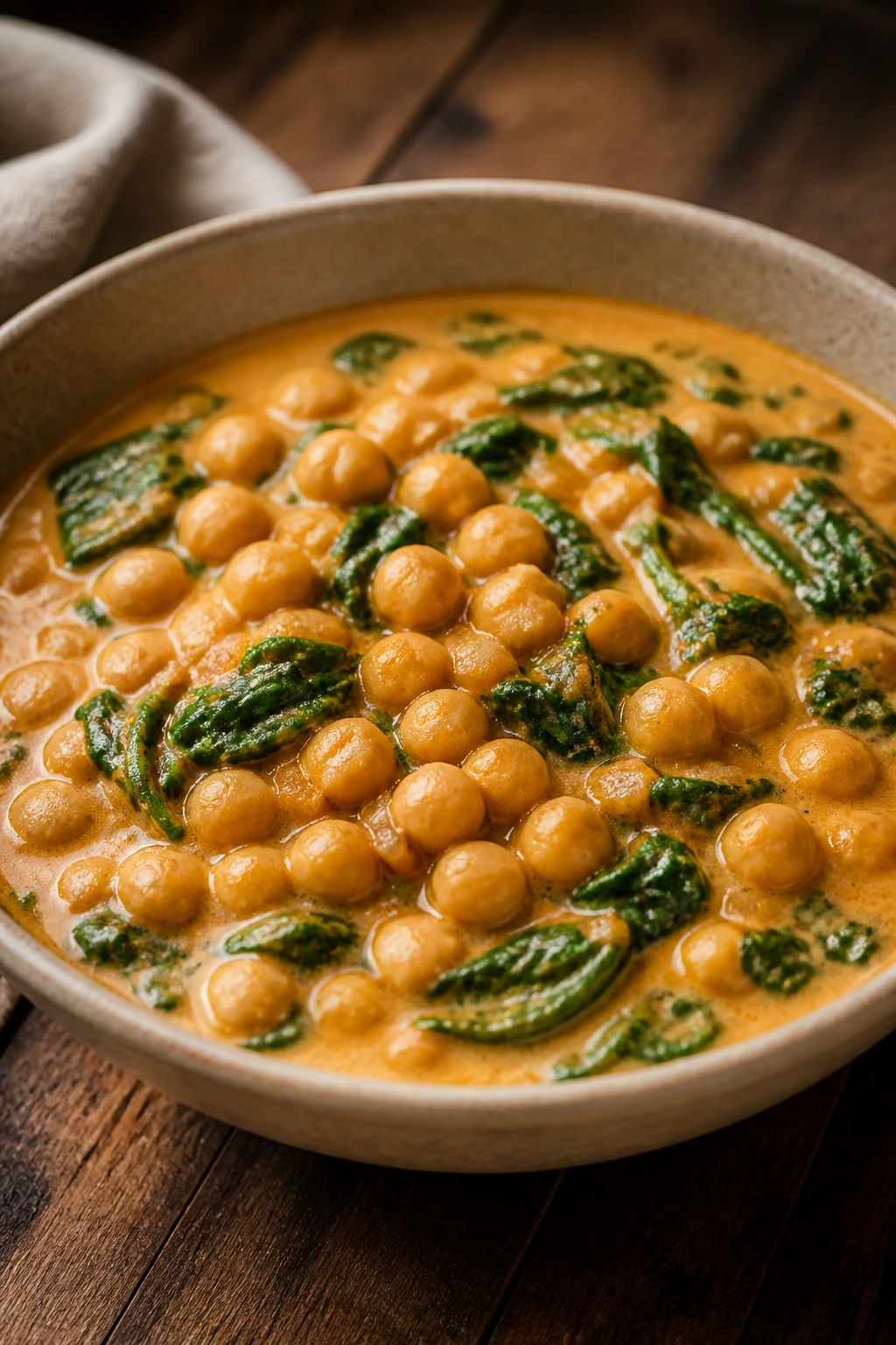 Coconut chickpea stew with spinach in bowl
