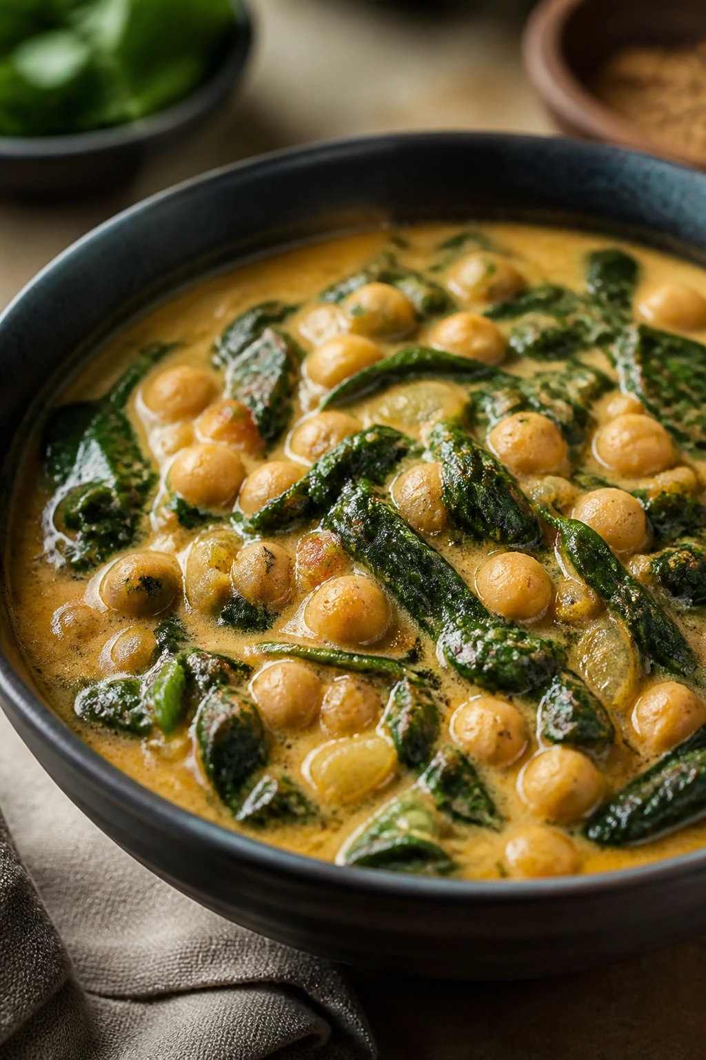 Close-up of coconut chickpea spinach stew in a bowl