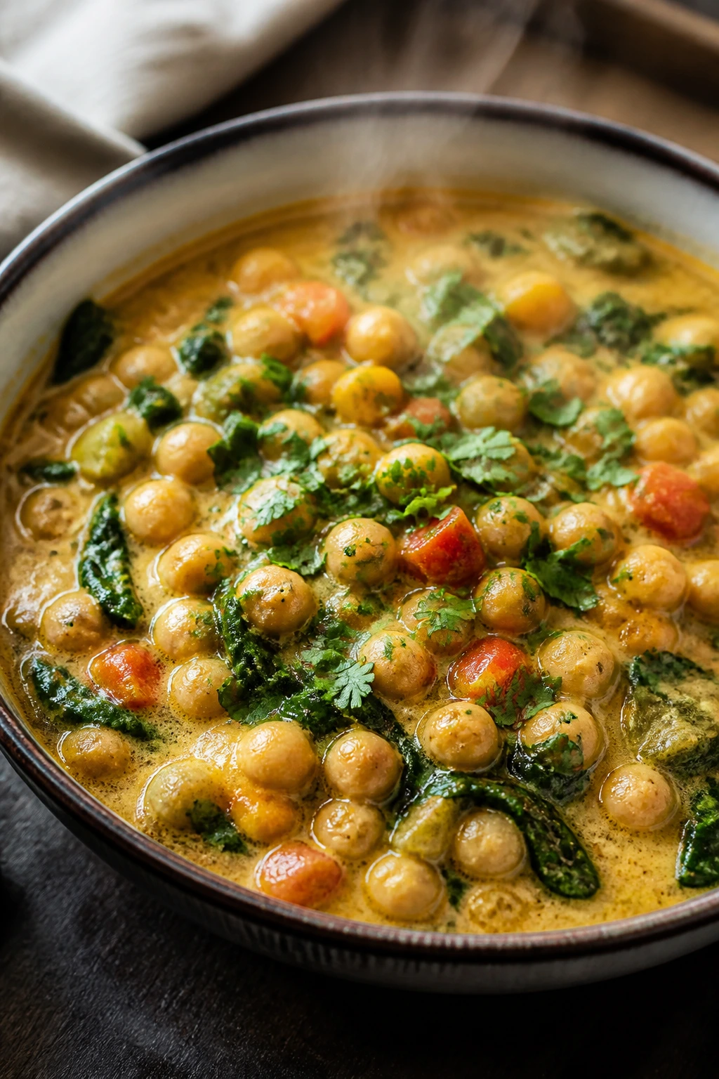 Creamy coconut chickpea stew in a bowl with chickpeas