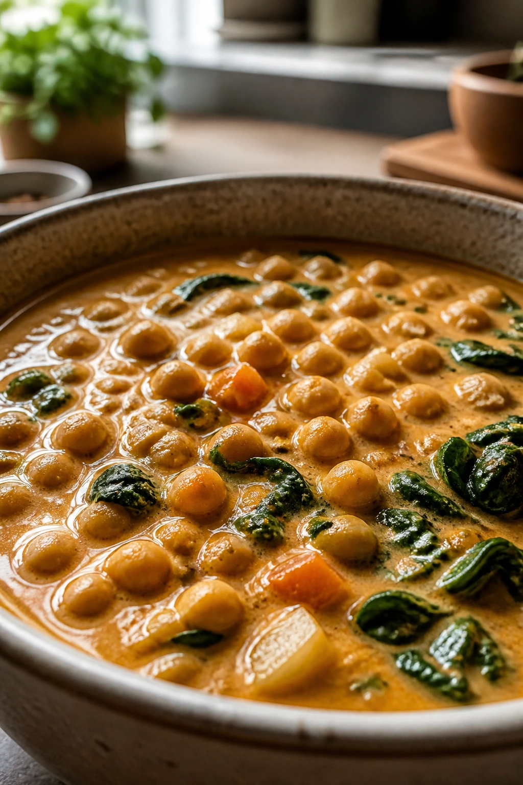Creamy coconut chickpea stew in a bowl with spinach