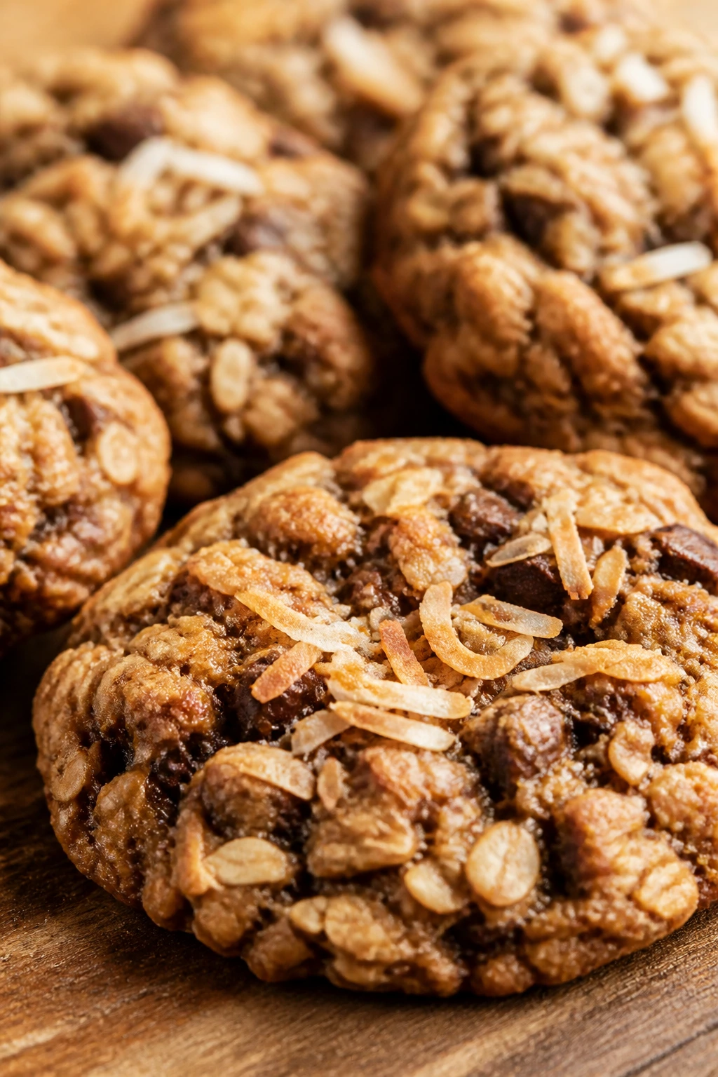 Close-up of Coconut Chocolate Oatmeal Cookies with toasted coconut