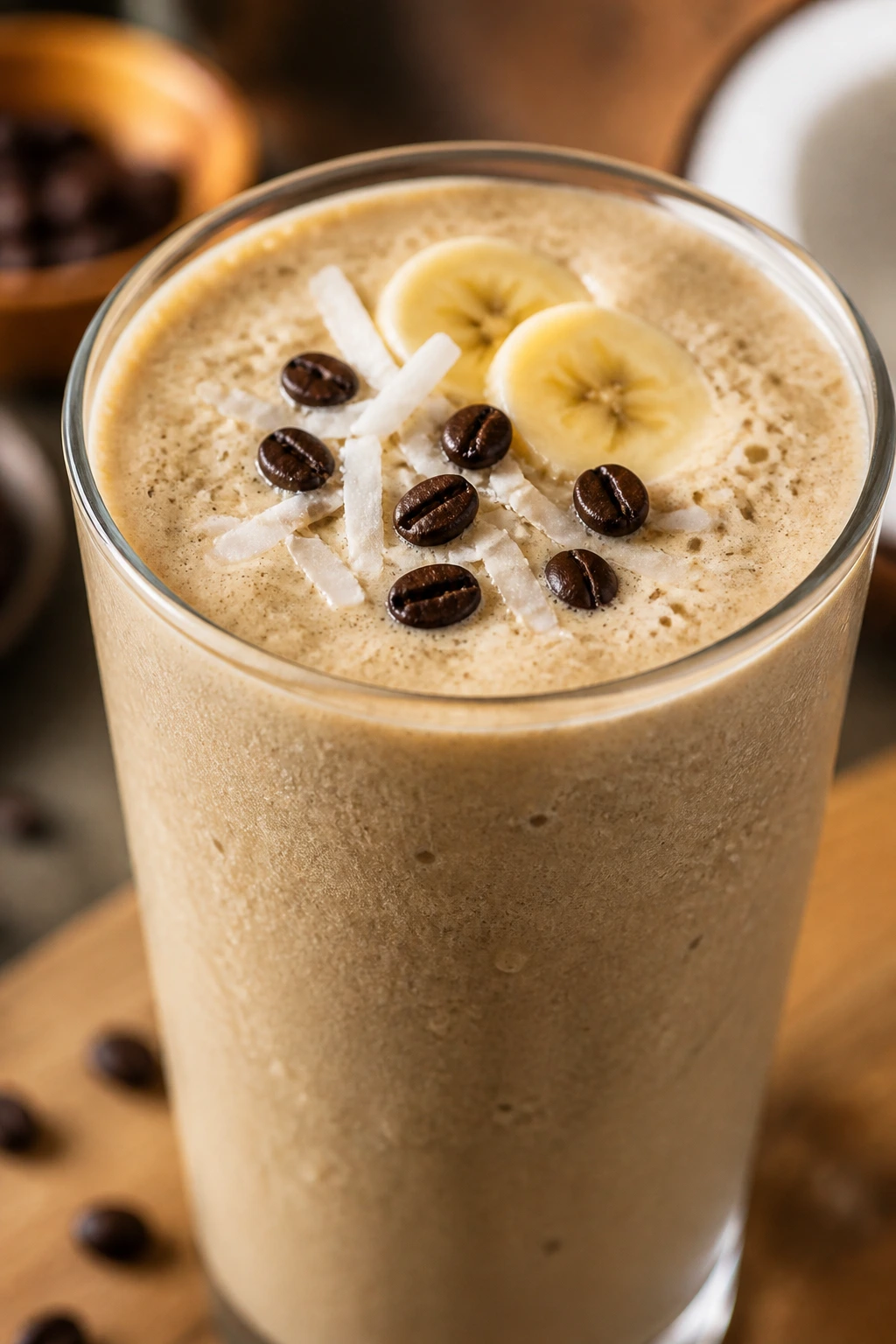Close-up of coconut coffee banana frappe smoothie in glass on cafe-style kitchen