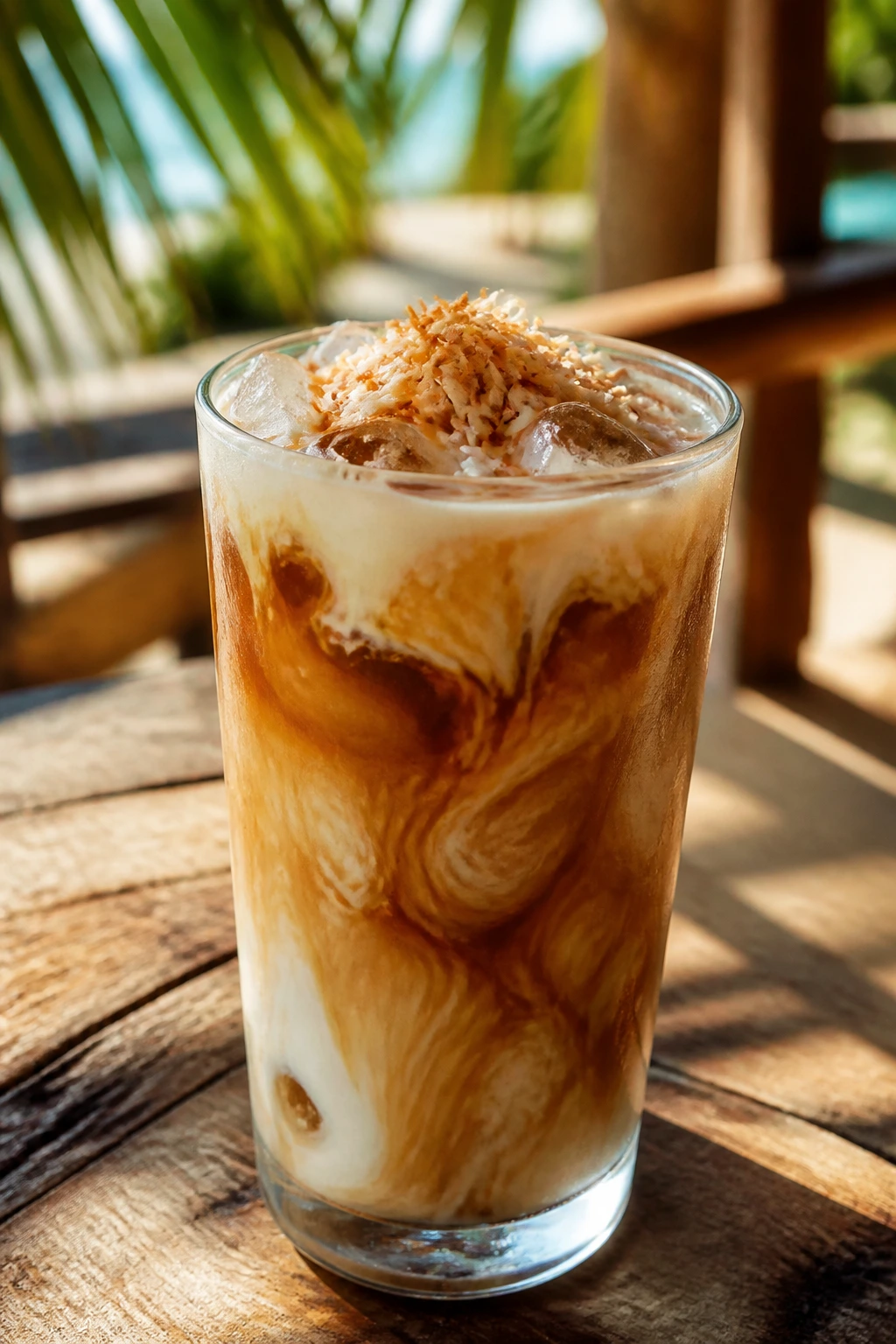 Close-up of a tall glass of Coconut Coffee Cooler with iced coffee and coconut milk on a sunlit wooden counter