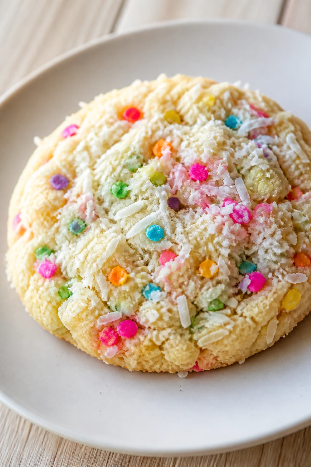 Close-up of coconut snow rainbow cookie with coconut flakes and sprinkles