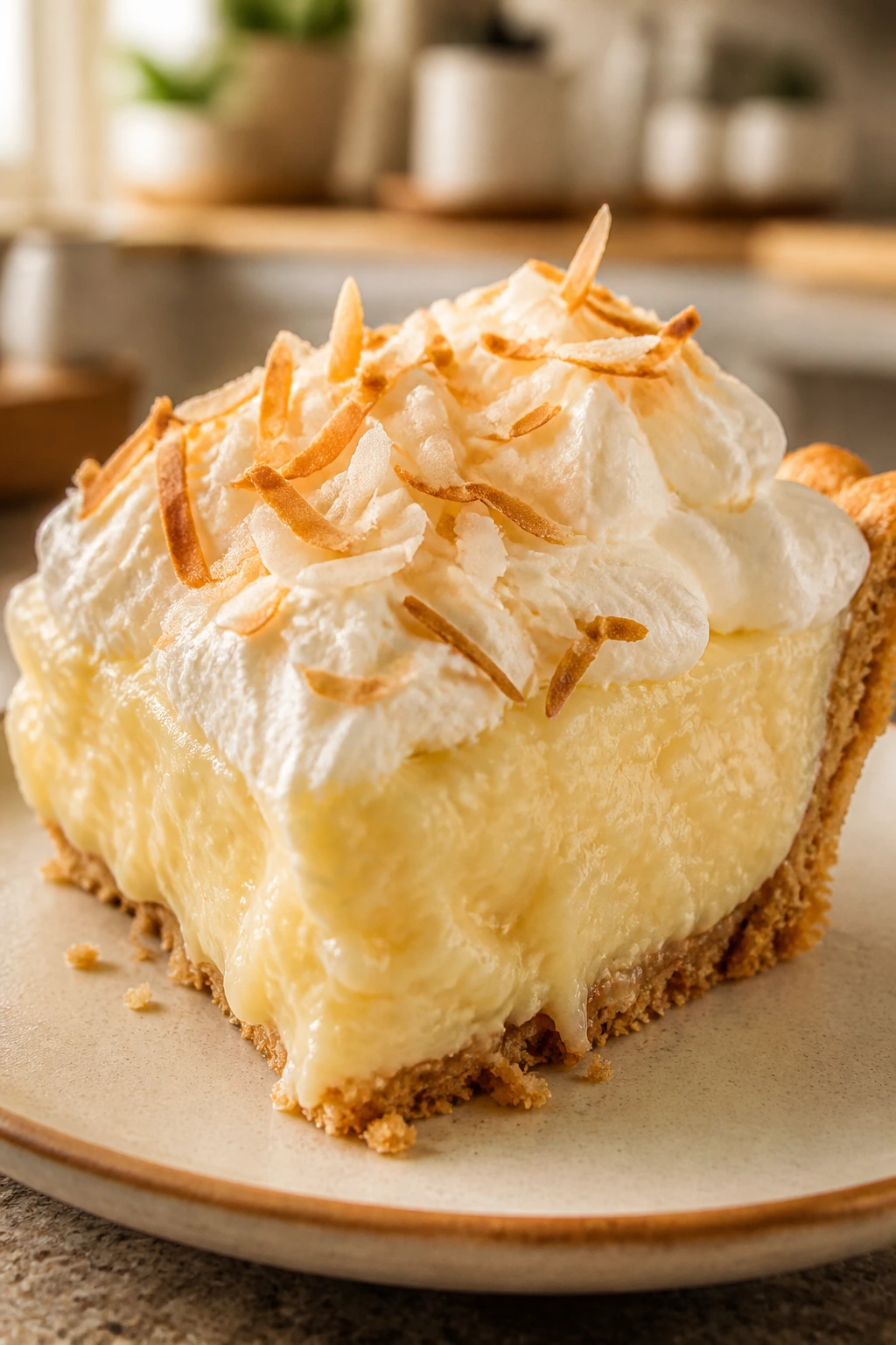 Slice of coconut cream pie with whipped cream and toasted coconut