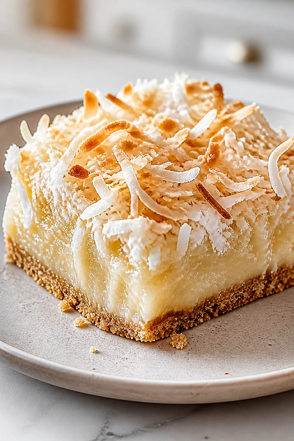 Close-up of coconut cream pie bar square with toasted coconut