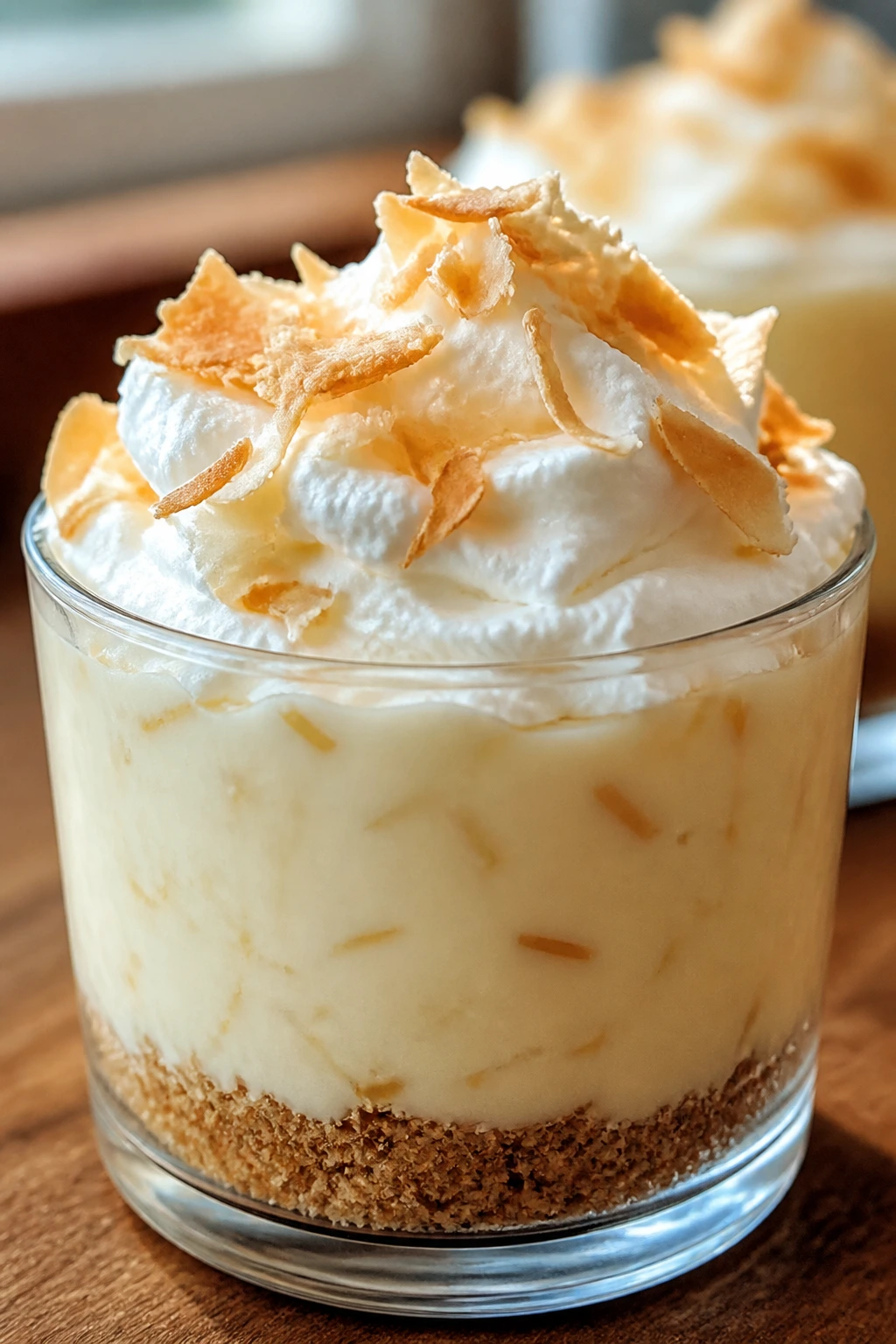 Coconut cream pie cup with whipped cream and toasted coconut