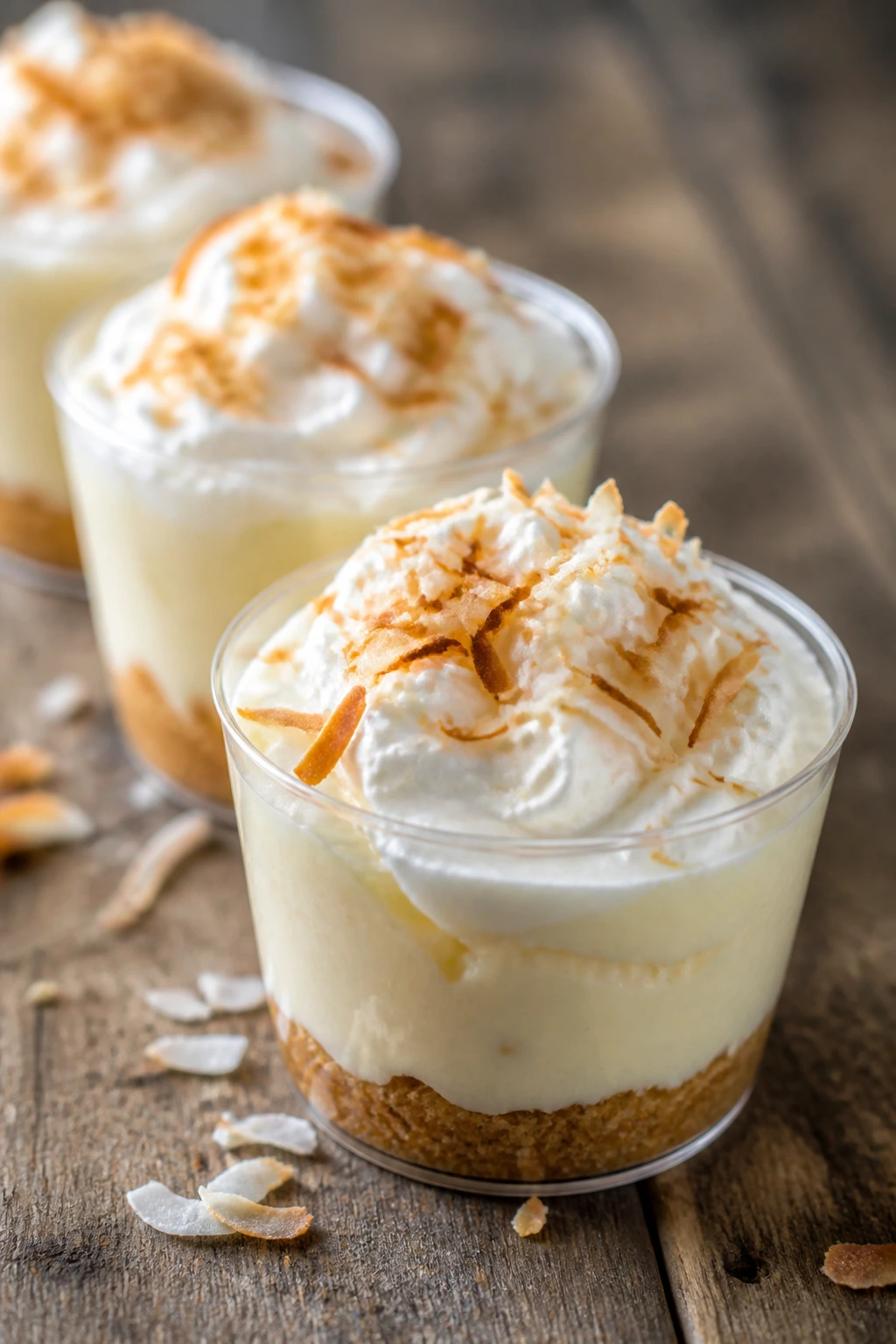 Row of coconut cream pie cups with whipped topping