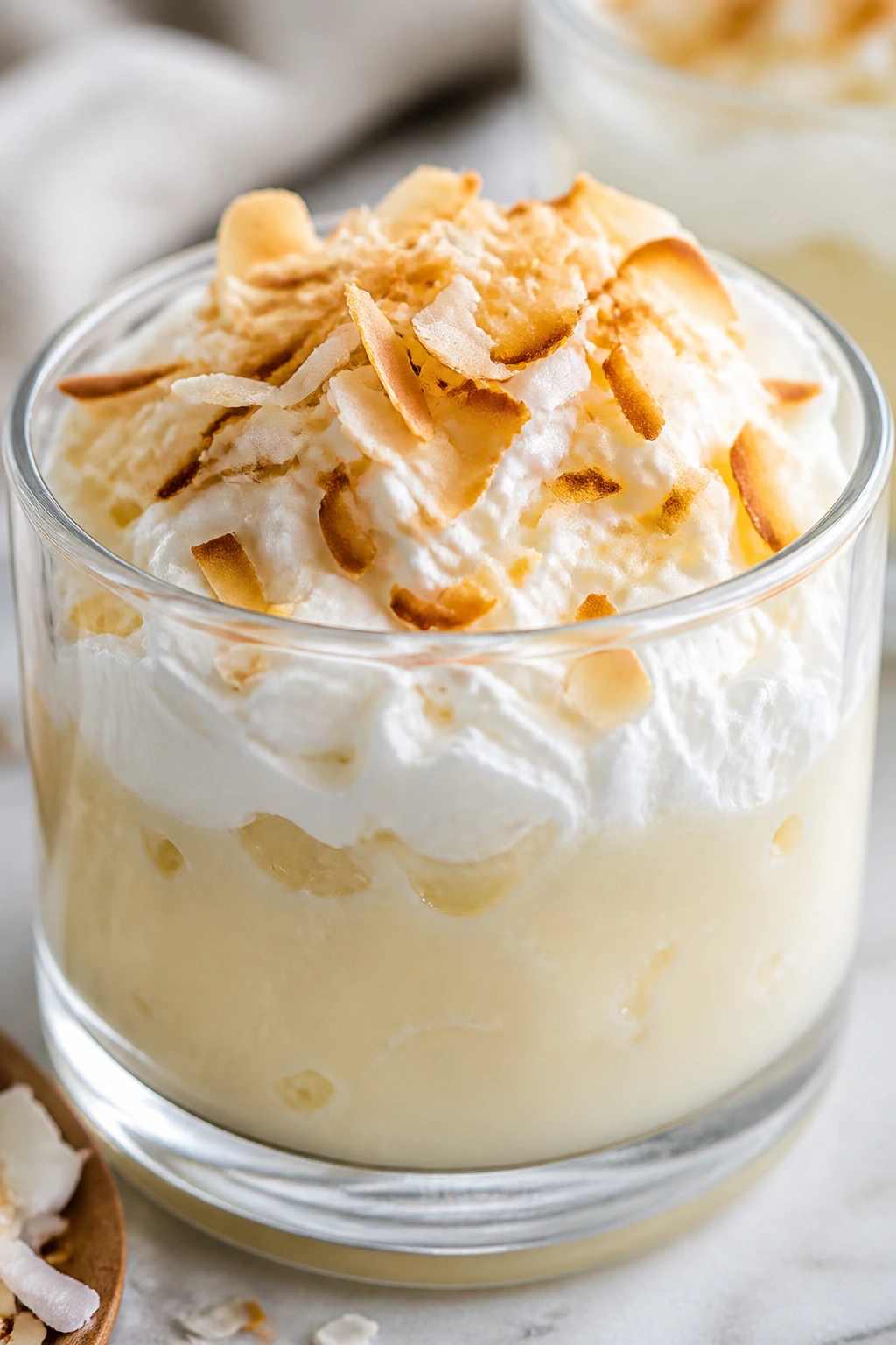 Single coconut cream pudding cup with toasted coconut topping