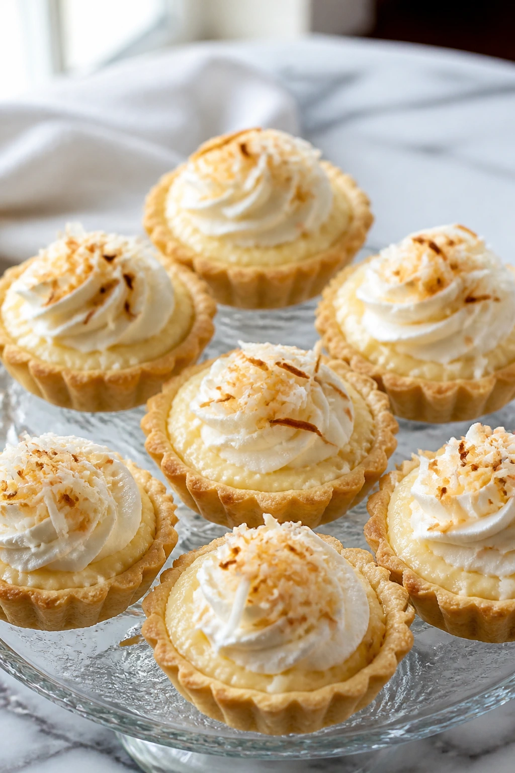 Mini coconut cream pie tartlets with whipped cream and toasted coconut on a marble countertop