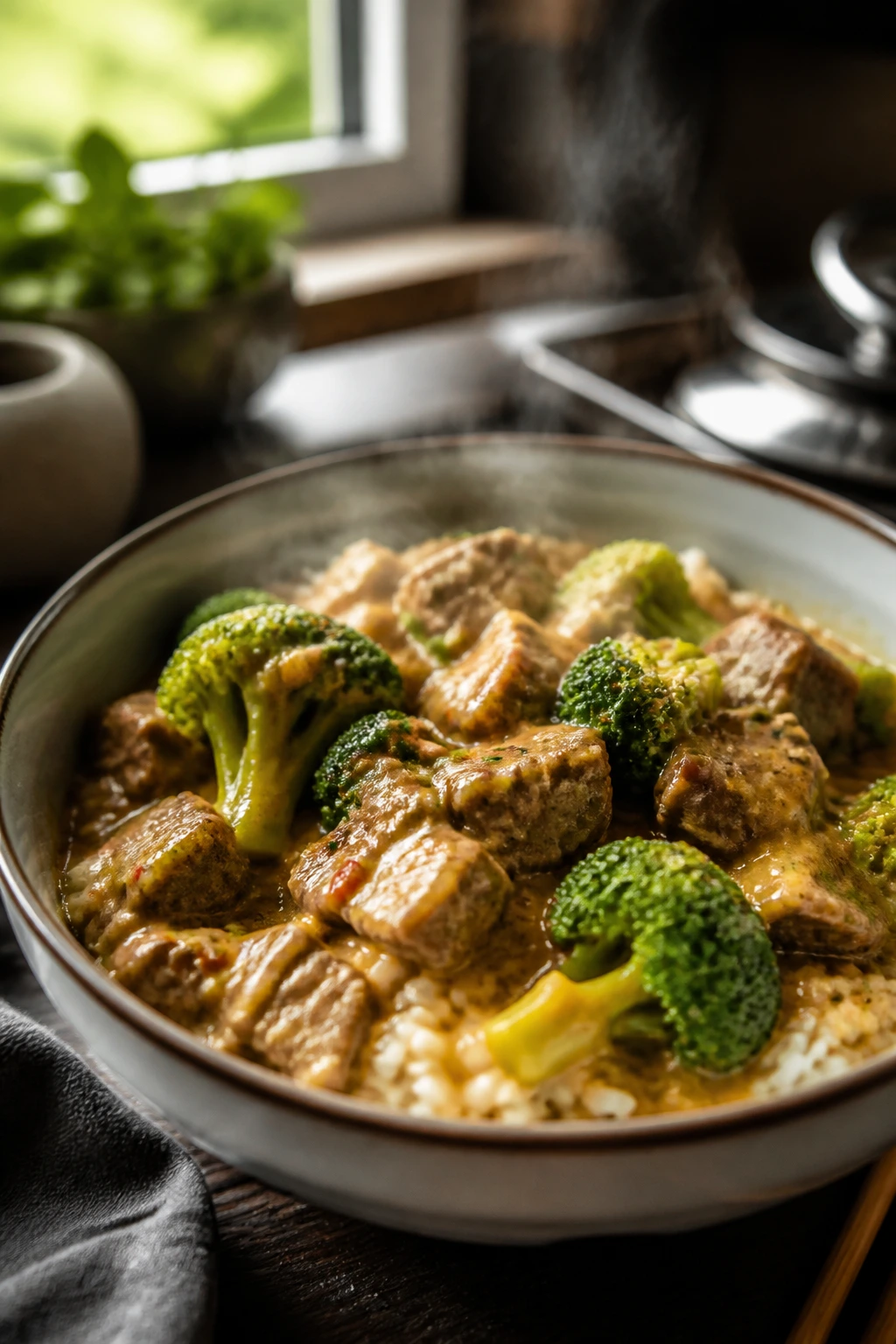 Coconut Curry Beef Broccoli Rice in a bowl with coconut curry and broccoli