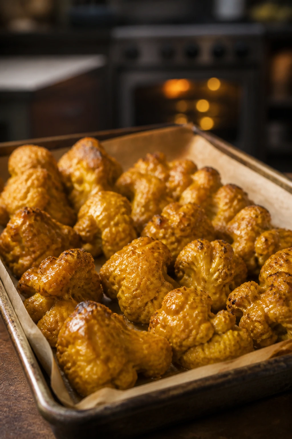 Cauliflower wings coated in coconut curry BBQ glaze on sheet pan