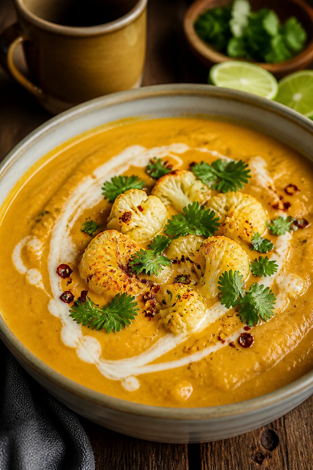 Creamy coconut curry cauliflower soup in a bowl with curry color