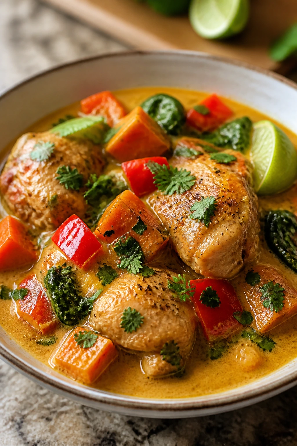 Bowl of coconut curry chicken with sweet potato and spinach