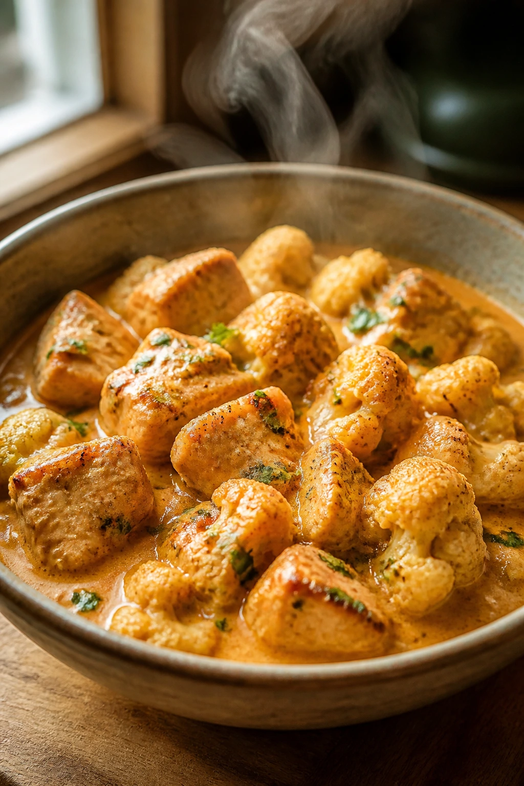 Close-up of coconut curry chicken and cauliflower in a rustic bowl