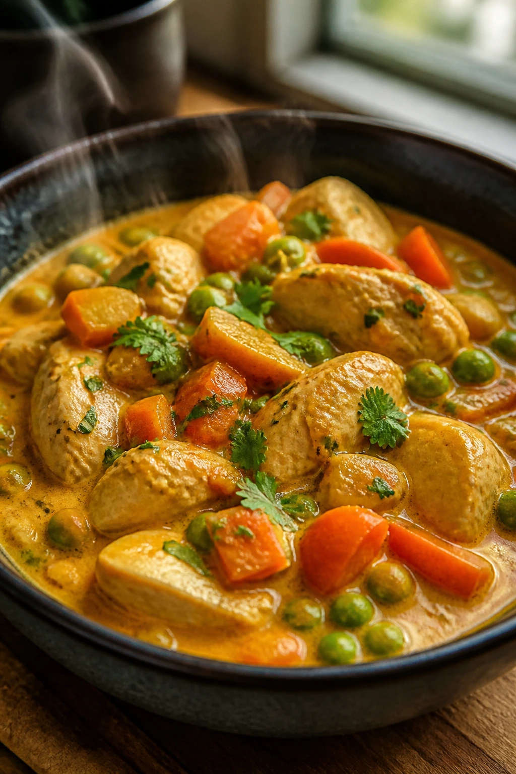 Close-up of Coconut Curry Chicken in a bowl with curry, chicken, carrots, and peas
