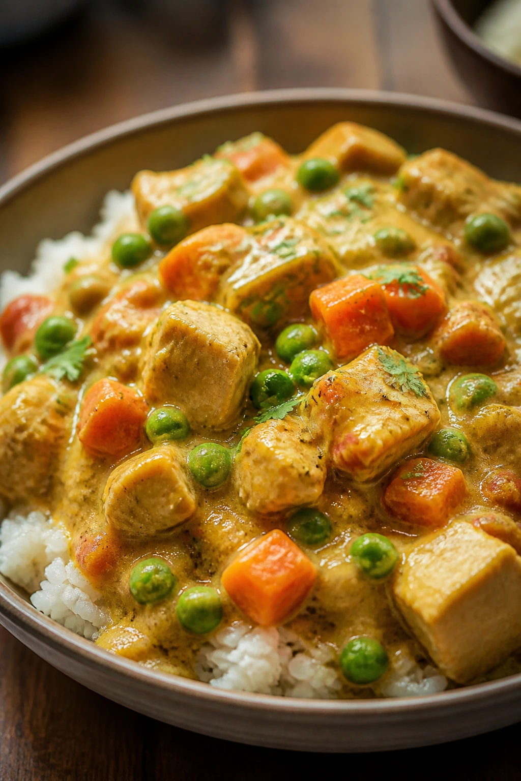 Close-up of mild coconut curry chicken with rice