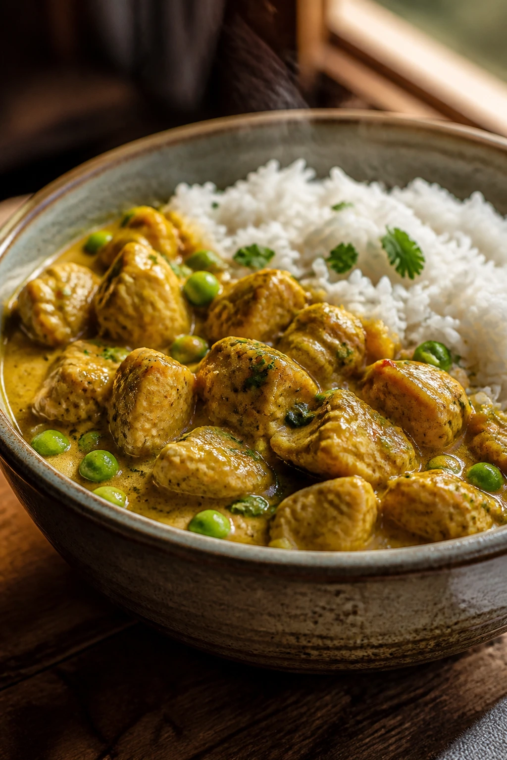 Close-up of coconut curry chicken and rice with peas in a rustic bowl