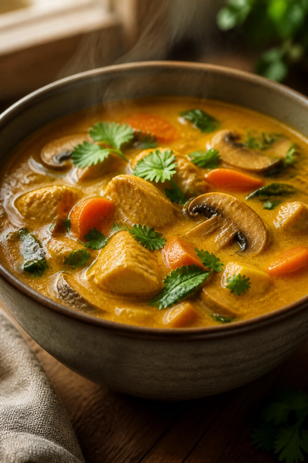 Creamy coconut curry chicken soup with chicken pieces and vegetables in bright broth.