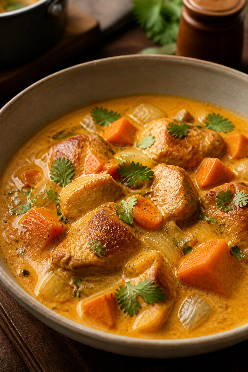Close-up of Coconut Curry Chicken Stew with chicken and sweet potatoes in a creamy curry
