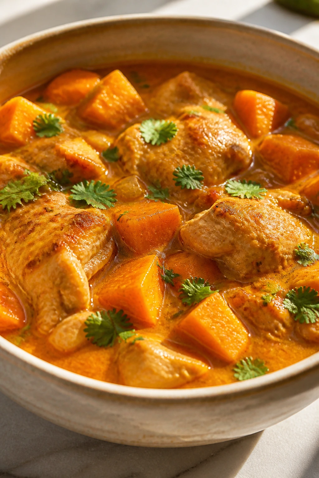 Close-up of coconut curry chicken stew in a bowl with sweet potato