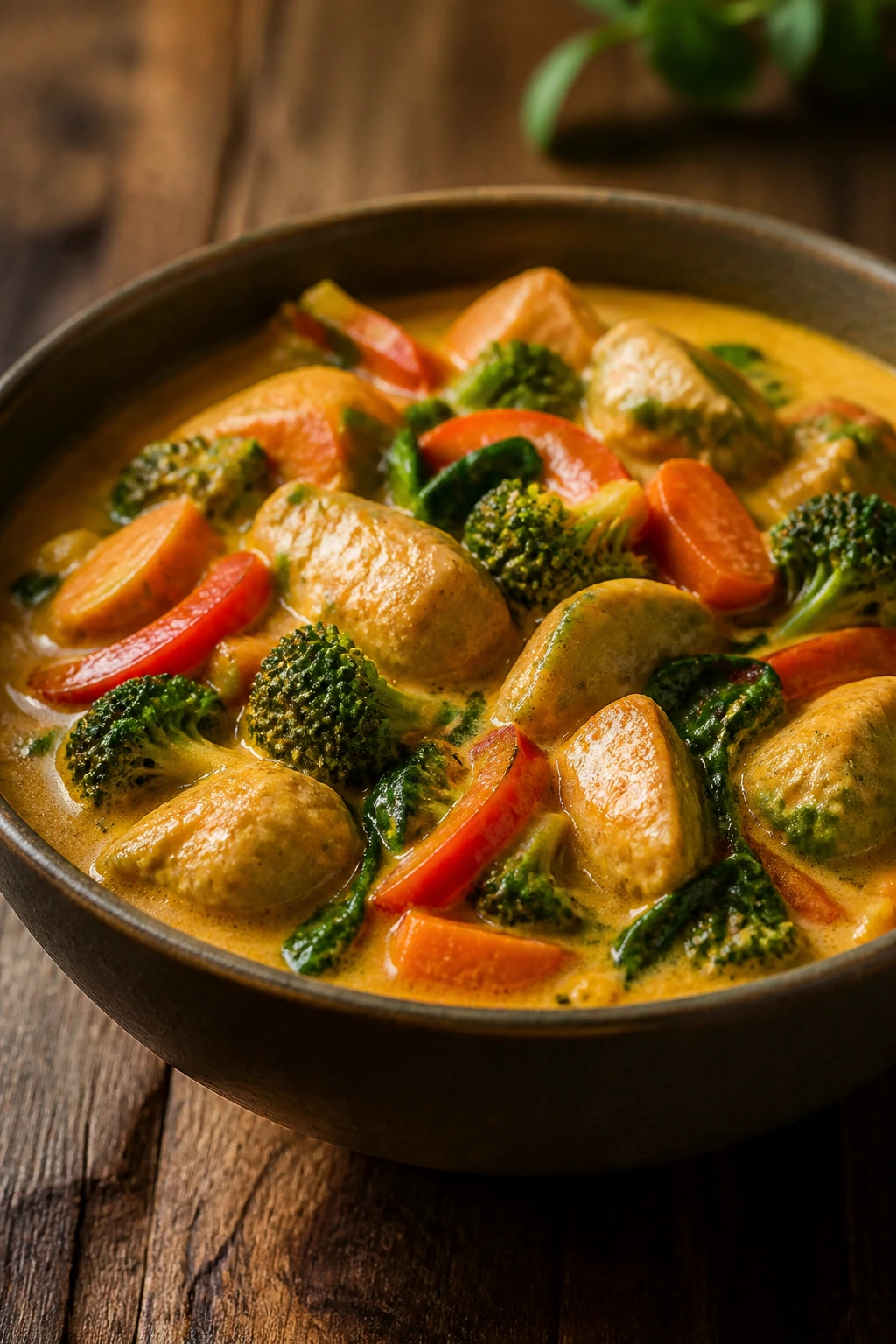 Bowl of coconut curry chicken with vegetables in coconut sauce
