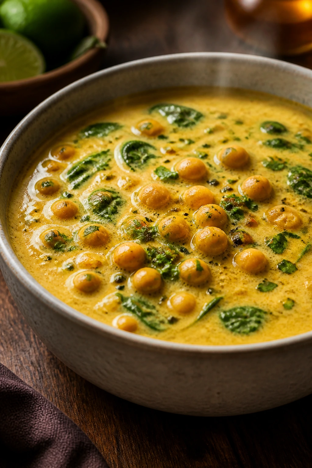 Close-up of coconut curry chickpea soup with chickpeas and spinach