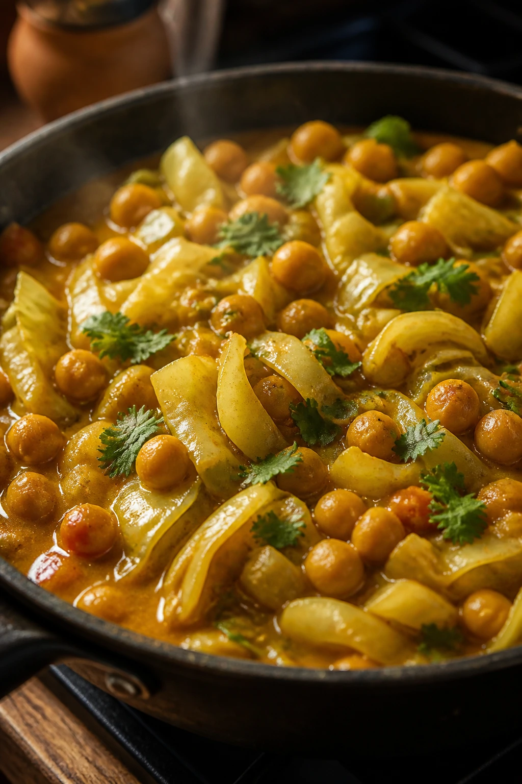 Coconut curry with cabbage and chickpeas in a pan