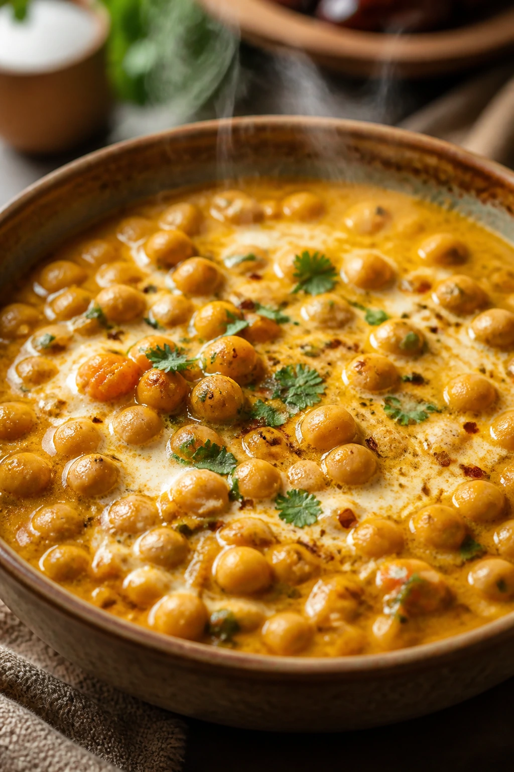 Close-up of coconut chickpea curry in a bowl.